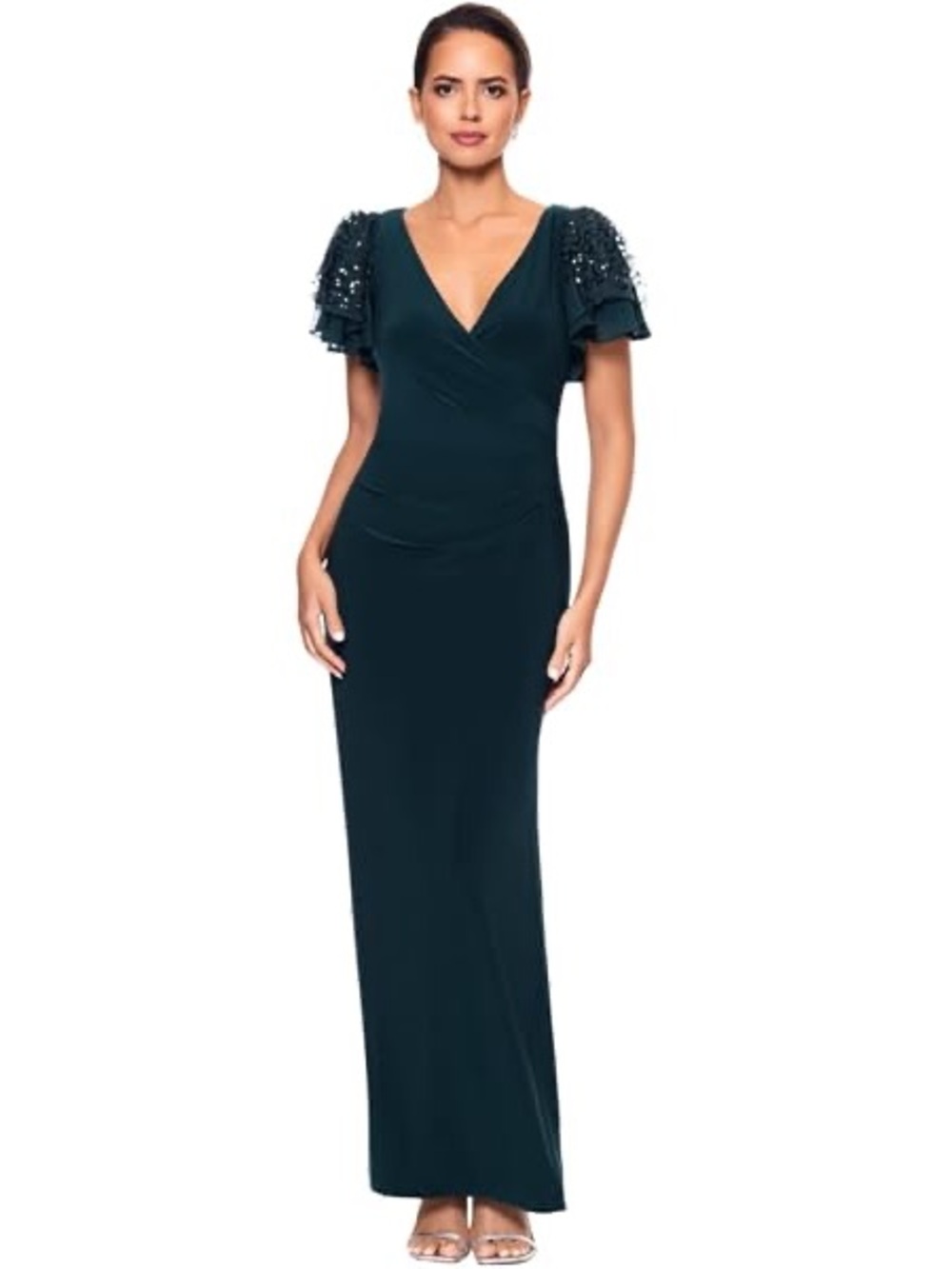Betsy & Adam Green Jersey Short Sleeve Ruched Formal Gown Size 4 NWT GALA MOB